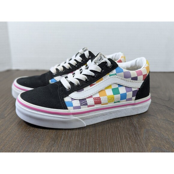 VANS Old Skool Skate Sneakers Shoes Youth 13 Rainbow Checkered Black Suede Lace - Picture 1 of 12